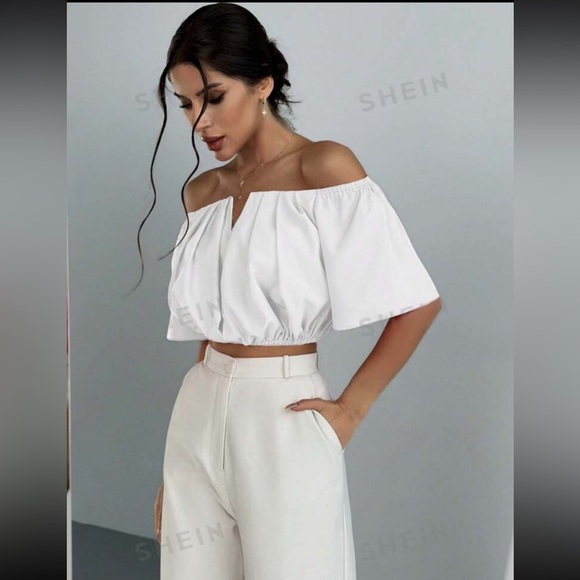 SHEIN Aloruh Off Shoulder V-Neck Waist-Cinching Blouse - Picture 4 of 5
